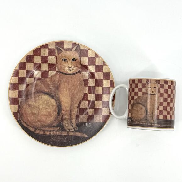 VTG 2004 Country Kitties Set/2 Coffee Mug Dessert Plate Tabby Cat DC Brown Co. - Picture 1 of 10